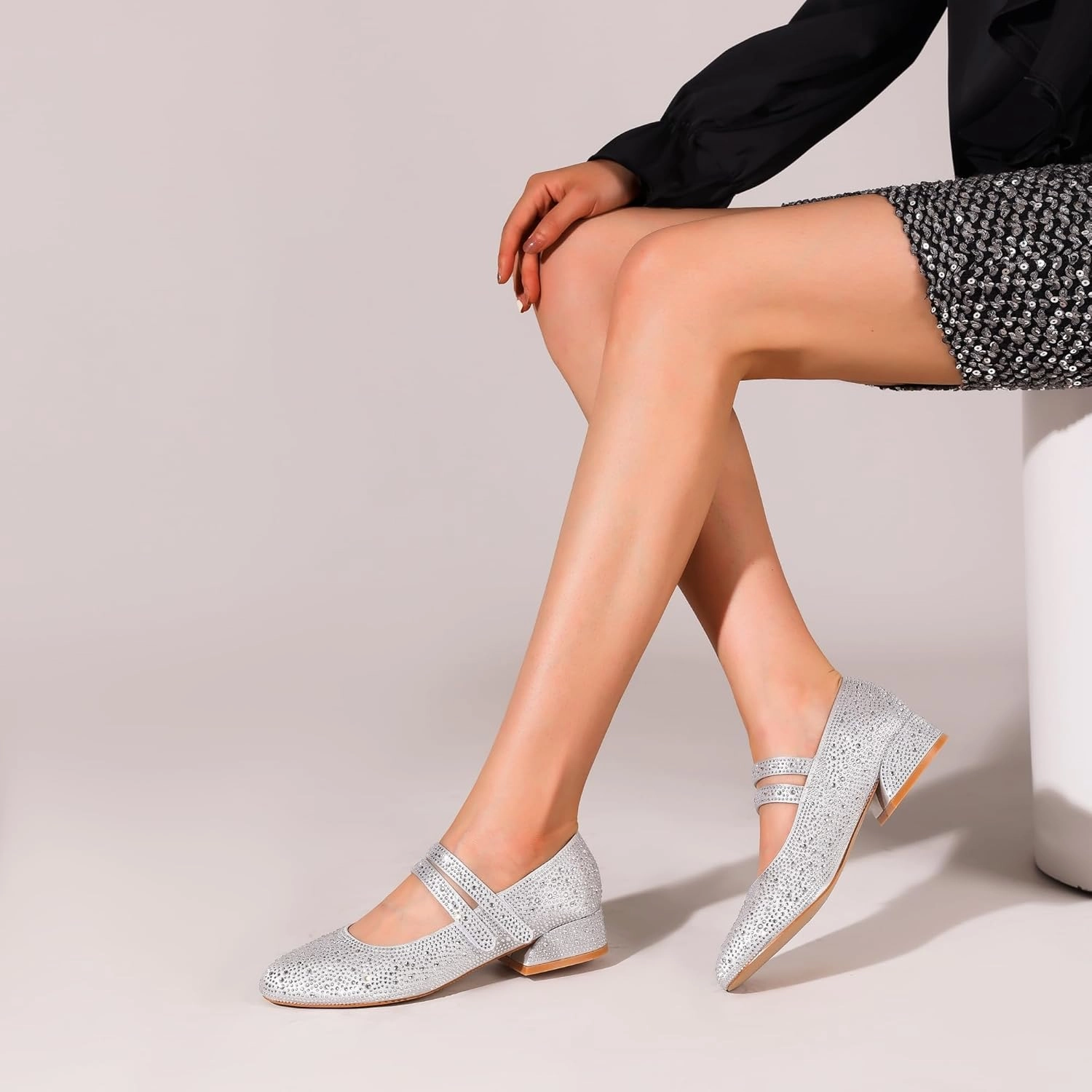 Rhinestone Shoes for Women Sparkling Gold Silver Glitter Chunky Heel Mary Jane Pumps for Women Comfortable Dress Shoes-Parties,Weddings,and Daily Wear