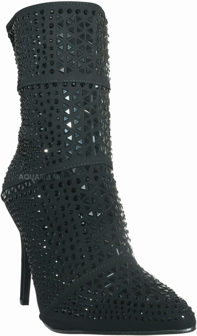 Rhinestone Studded Stiletto Bootie- Womens Crystal Ankle Height Boot