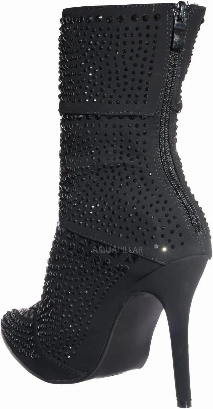 Rhinestone Studded Stiletto Bootie- Womens Crystal Ankle Height Boot