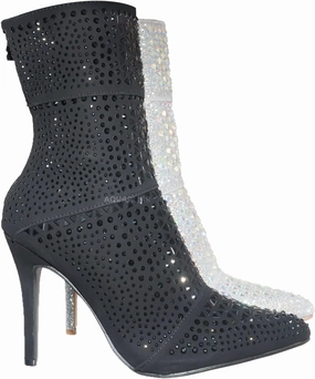 Rhinestone Studded Stiletto Bootie- Womens Crystal Ankle Height Boot