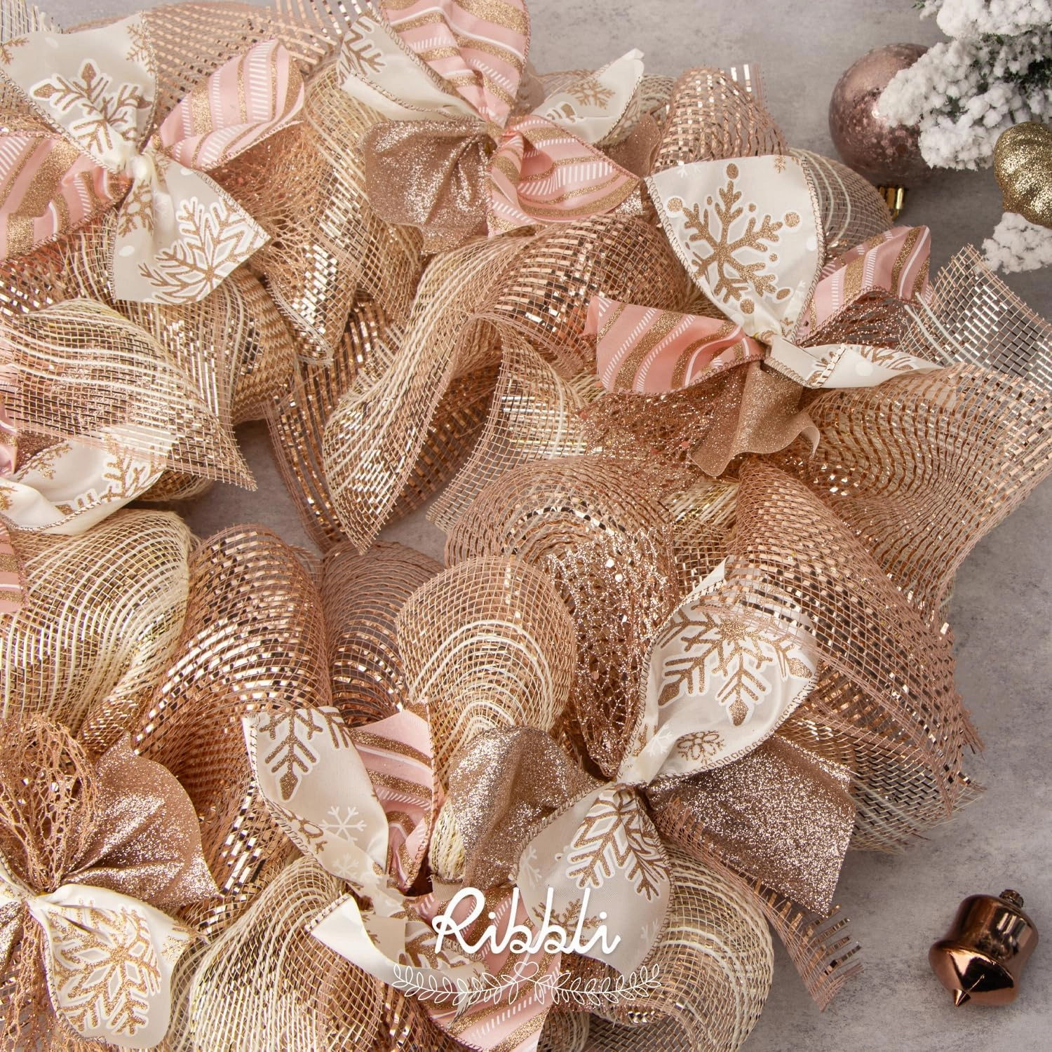 Ribbli Rose Gold Wired Ribbon for Christmas Tree,Glitter Mesh Snowflake Stripe Christmas Ribbon for Crafts,Wreaths,Topper Bow,Gift Wrapping,Tree Decoration-4Rolls 2-1/2 Inch Total 40 Yard