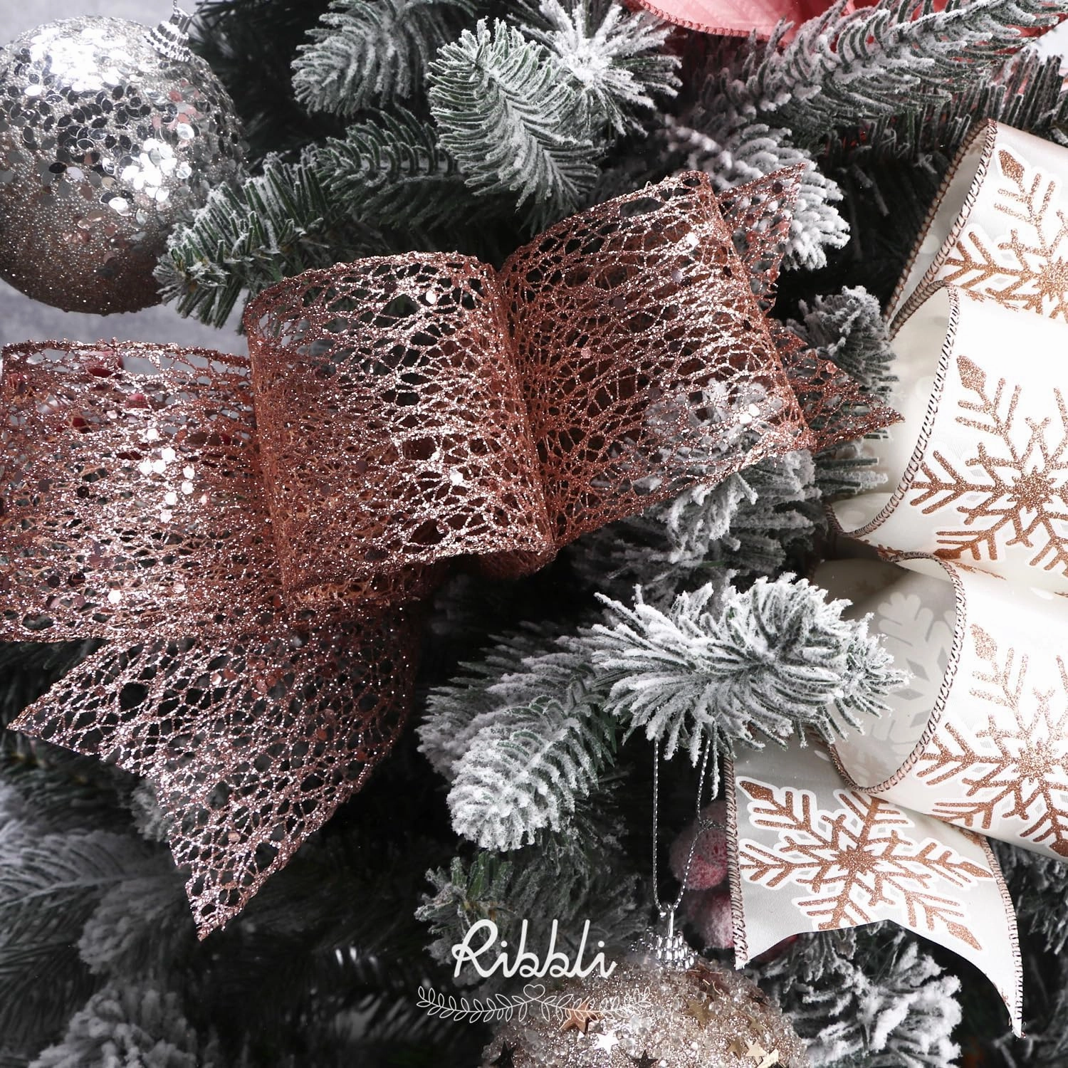 Ribbli Rose Gold Wired Ribbon for Christmas Tree,Glitter Mesh Snowflake Stripe Christmas Ribbon for Crafts,Wreaths,Topper Bow,Gift Wrapping,Tree Decoration-4Rolls 2-1/2 Inch Total 40 Yard