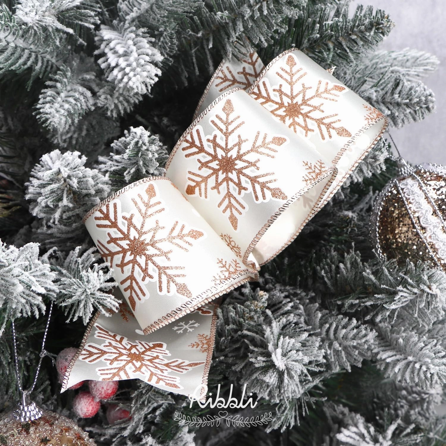 Ribbli Rose Gold Wired Ribbon for Christmas Tree,Glitter Mesh Snowflake Stripe Christmas Ribbon for Crafts,Wreaths,Topper Bow,Gift Wrapping,Tree Decoration-4Rolls 2-1/2 Inch Total 40 Yard
