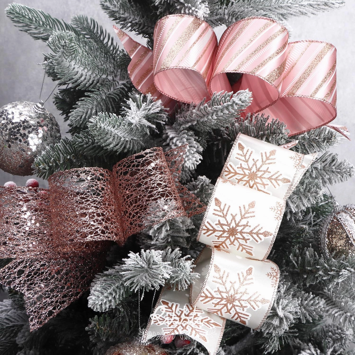 Ribbli Rose Gold Wired Ribbon for Christmas Tree,Glitter Mesh Snowflake Stripe Christmas Ribbon for Crafts,Wreaths,Topper Bow,Gift Wrapping,Tree Decoration-4Rolls 2-1/2 Inch Total 40 Yard