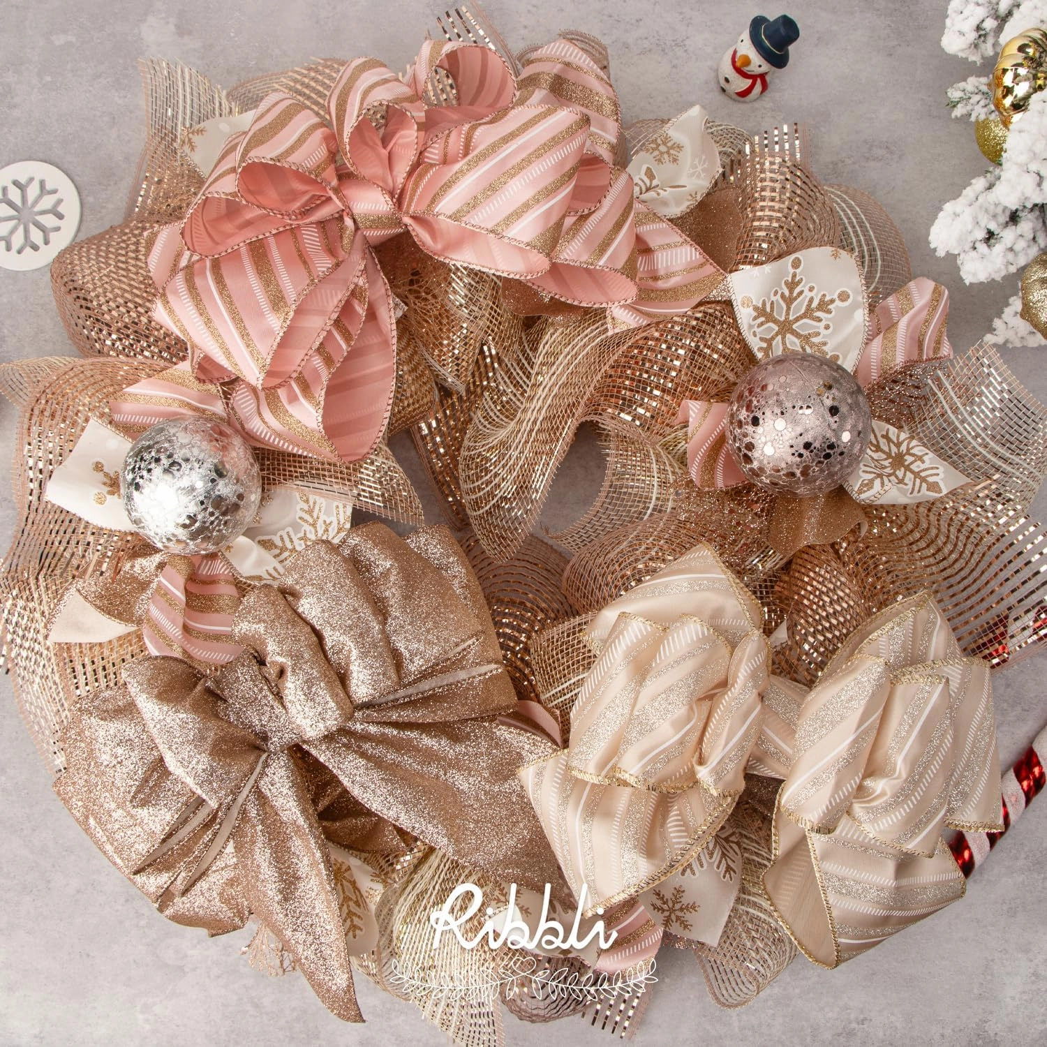 Ribbli Rose Gold Wired Ribbon for Christmas Tree,Glitter Mesh Snowflake Stripe Christmas Ribbon for Crafts,Wreaths,Topper Bow,Gift Wrapping,Tree Decoration-4Rolls 2-1/2 Inch Total 40 Yard