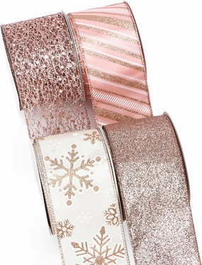 Ribbli Rose Gold Wired Ribbon for Christmas Tree,Glitter Mesh Snowflake Stripe Christmas Ribbon for Crafts,Wreaths,Topper Bow,Gift Wrapping,Tree Decoration-4Rolls 2-1/2 Inch Total 40 Yard