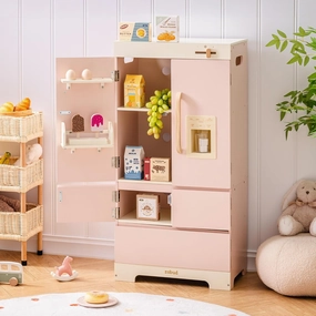 ROBUD Wooden Play Fridge, Kitchen Toy Fridge Freezer Set with Ice Maker, Play Kitchen Refrigerator, Kitchen Playset Gift for Kids & Toddlers, Age 3  (Pink)