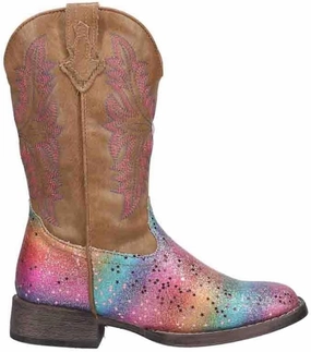 ROPER Kids Girls Rainbow Glitter Square Toe Casual Boots Mid Calf - Brown, Multi