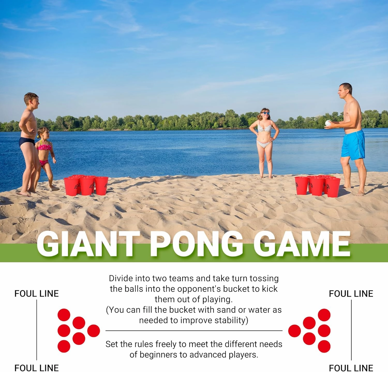 ropoda Giant Yard Pong,Yard Games with Durable Buckets and Balls - Choose Red Large, XL, or Green - Glow in The Dark, Outdoor Game with Carry Bag for The Beach,Lawn, Great Gift Choice for Families