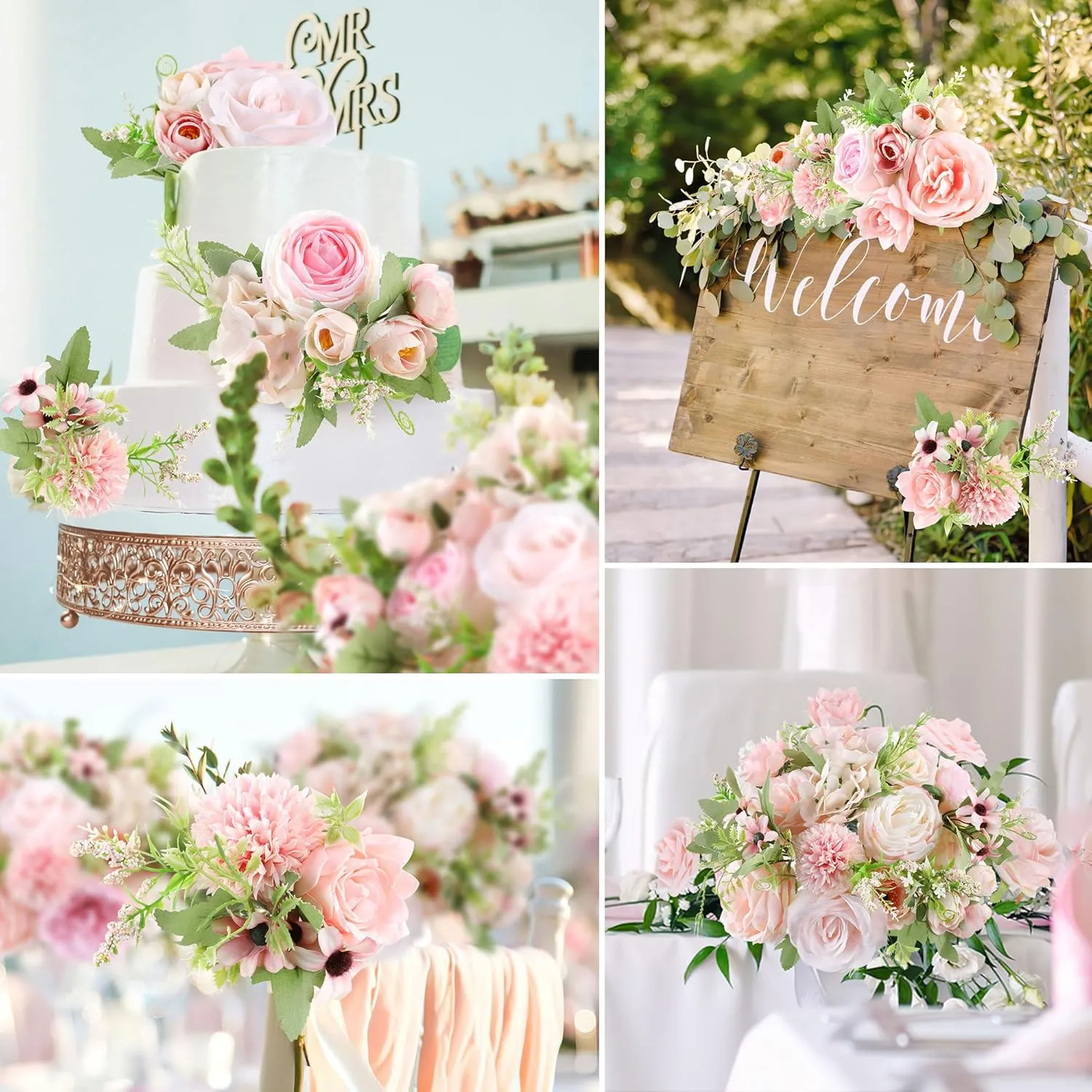 Rose Artificial Flowers Combo Fake Flowers Pink Roses Silk Flowers with Stems for DIY Bridal Wedding Bouquets Centerpieces Arrangements Table Party Baby Shower Home Decor