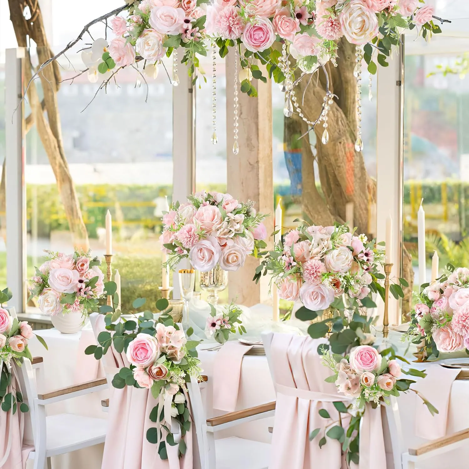 Rose Artificial Flowers Combo Fake Flowers Pink Roses Silk Flowers with Stems for DIY Bridal Wedding Bouquets Centerpieces Arrangements Table Party Baby Shower Home Decor