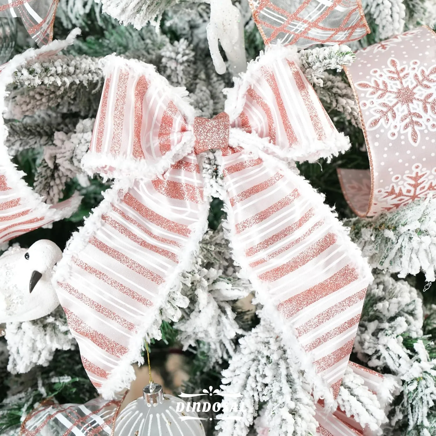 Rose Gold Christmas Ribbon Wired 2.5" Pink Christmas Tree Ribbon Garland Rose Gold Glitter Wired Ribbon for Crafts, Wreaths, Topper Bows, Gift Wrapping, Home Decor (6 Rolls 36 Yards)