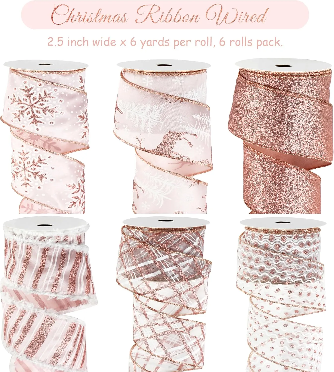 Rose Gold Christmas Ribbon Wired 2.5" Pink Christmas Tree Ribbon Garland Rose Gold Glitter Wired Ribbon for Crafts, Wreaths, Topper Bows, Gift Wrapping, Home Decor (6 Rolls 36 Yards)