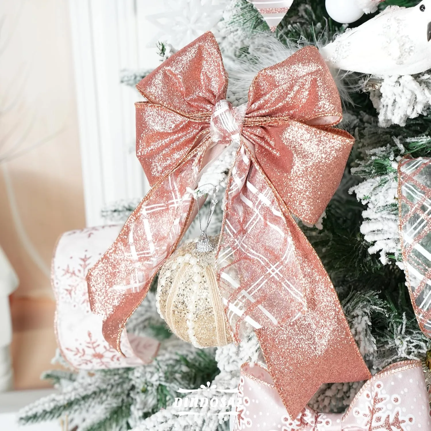 Rose Gold Christmas Ribbon Wired 2.5" Pink Christmas Tree Ribbon Garland Rose Gold Glitter Wired Ribbon for Crafts, Wreaths, Topper Bows, Gift Wrapping, Home Decor (6 Rolls 36 Yards)