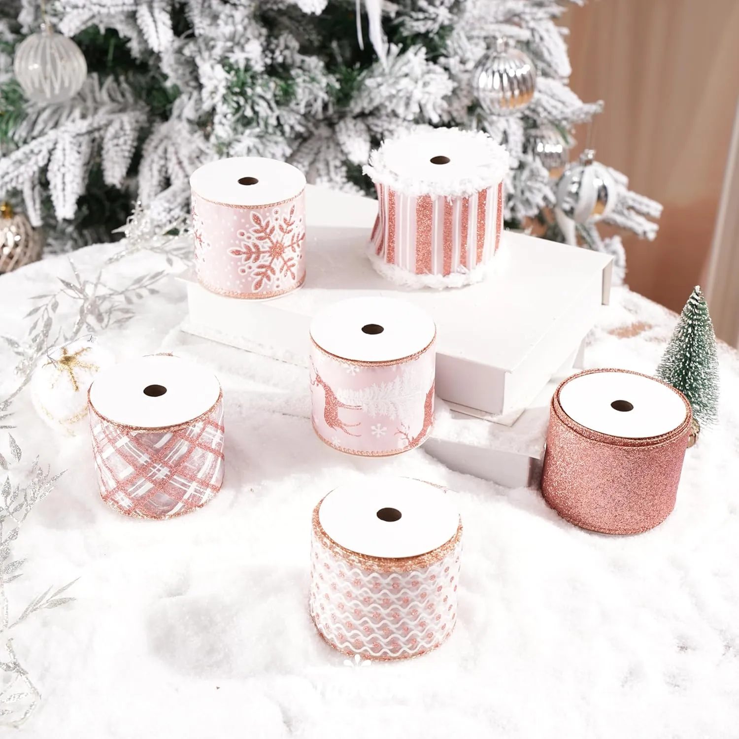 Rose Gold Christmas Ribbon Wired 2.5" Pink Christmas Tree Ribbon Garland Rose Gold Glitter Wired Ribbon for Crafts, Wreaths, Topper Bows, Gift Wrapping, Home Decor (6 Rolls 36 Yards)