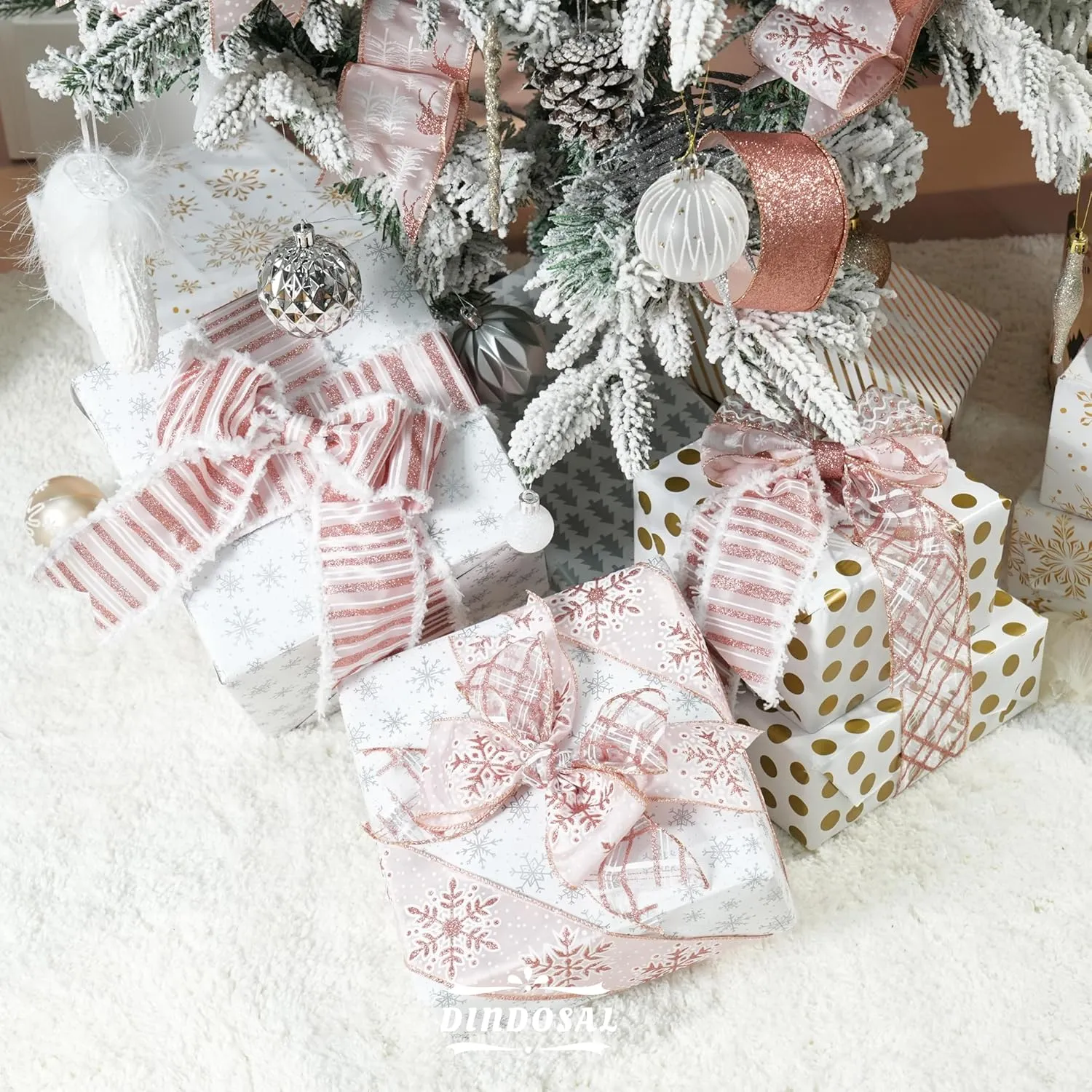 Rose Gold Christmas Ribbon Wired 2.5" Pink Christmas Tree Ribbon Garland Rose Gold Glitter Wired Ribbon for Crafts, Wreaths, Topper Bows, Gift Wrapping, Home Decor (6 Rolls 36 Yards)