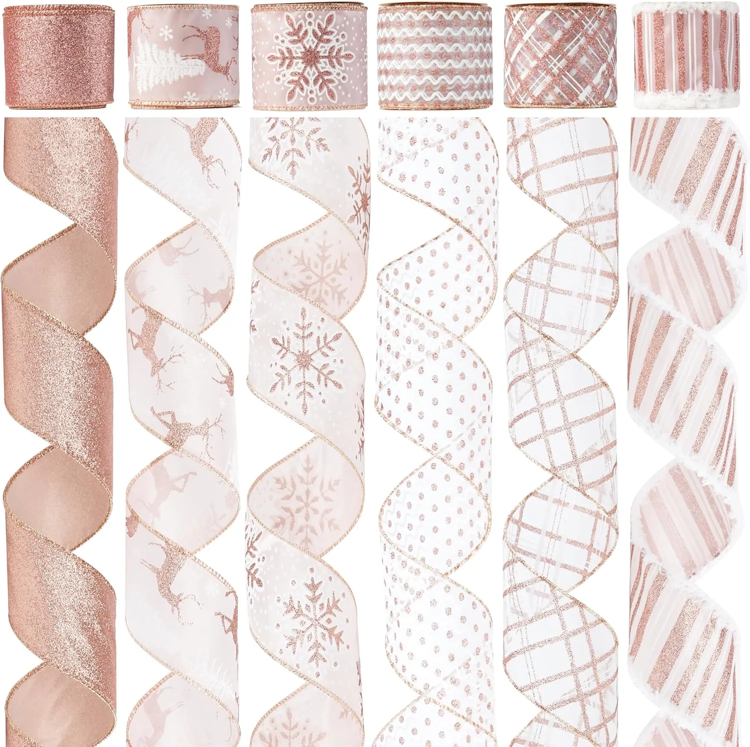 Rose Gold Christmas Ribbon Wired 2.5" Pink Christmas Tree Ribbon Garland Rose Gold Glitter Wired Ribbon for Crafts, Wreaths, Topper Bows, Gift Wrapping, Home Decor (6 Rolls 36 Yards)
