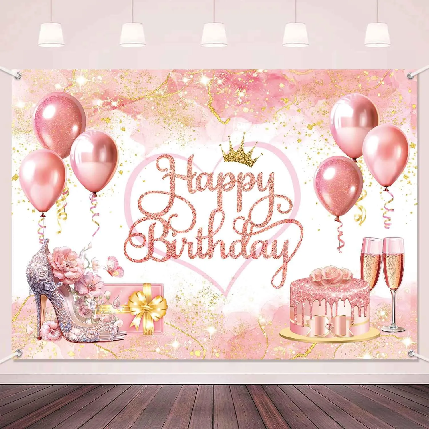 Rose Gold Happy Birthday Backdrop Banner Pink Rose Gold Birthday Party Decorations for Women Girls Large Pink Balloons Wall Banner Indoor/Outdoor Photography Background 7x5ft