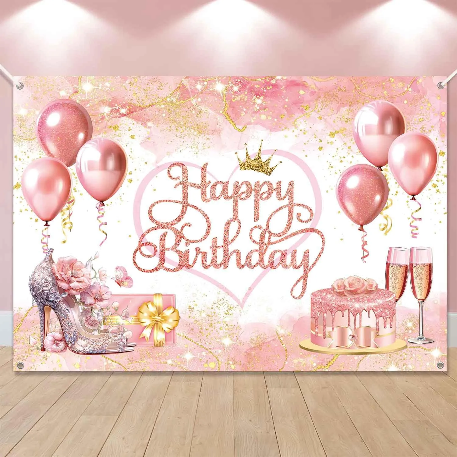Rose Gold Happy Birthday Backdrop Banner Pink Rose Gold Birthday Party Decorations for Women Girls Large Pink Balloons Wall Banner Indoor/Outdoor Photography Background 7x5ft