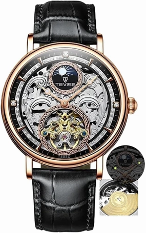Rose Gold Watch Man Automatic Mechanical Watches Moon Phase Luminous Leather Waterproof Male Clock
