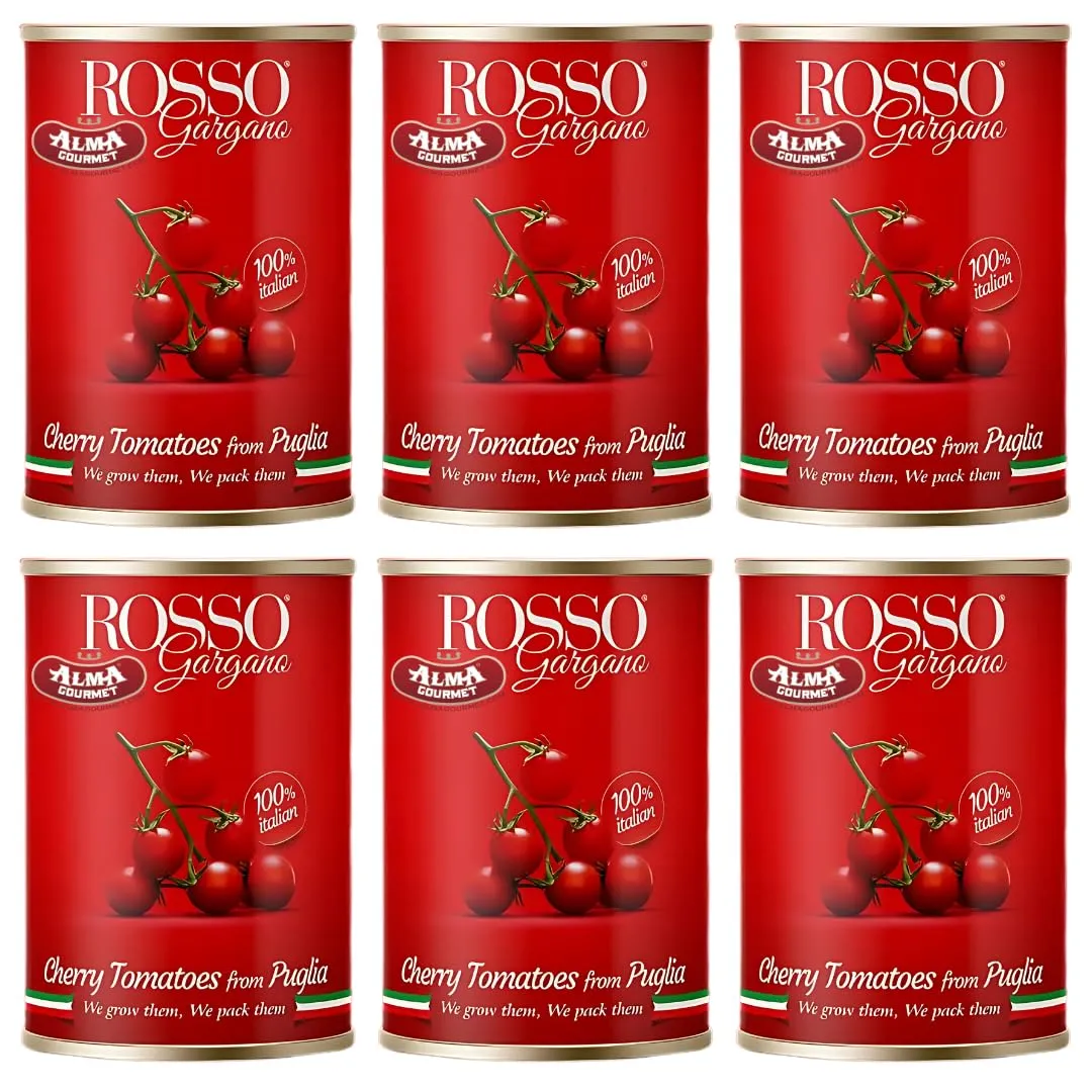 Rosso Gargano Cherry Tomatoes from Puglia - Freshly Packed - Authentic Italian Quality, GMO-Free, No Artificial Preservatives or Additives - 14.1oz (400g) - Pack of 6