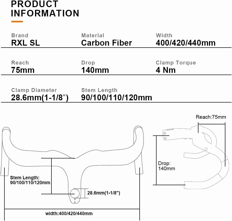 RXL SL Road Bike Carbon Integrated Handlebar Black 3K Glossy Bicycle Handle bar and Stem Ultra-Light Handlebars Bicycle Handlebar 400/420/440mmX90/100/110/120mm
