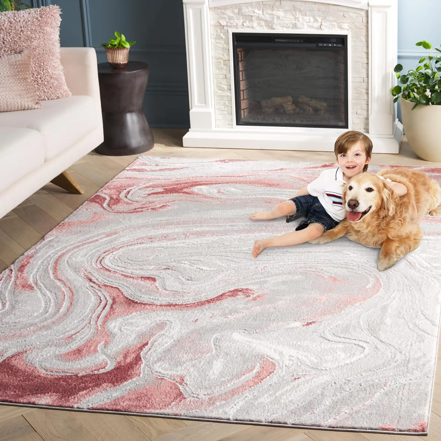 SAFAVIEH Meadow Collection Area Rug - 5'3" x 7'6", Light Grey & Pink, Modern Abstract Design, Non-Shedding & Easy Care, Ideal for High Traffic Areas in Living Room, Bedroom, Dining Room (MDW553G-5)