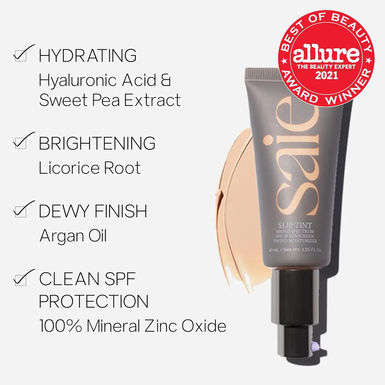 Saie Slip Tint Tinted Moisturizer with SPF 35 - Light Coverage, Glowy Skin Tint & Mineral Sunscreen for Face with Hydrating Hyaluronic Acid - Summer Makeup Essential - Shade Two (1.35 oz)