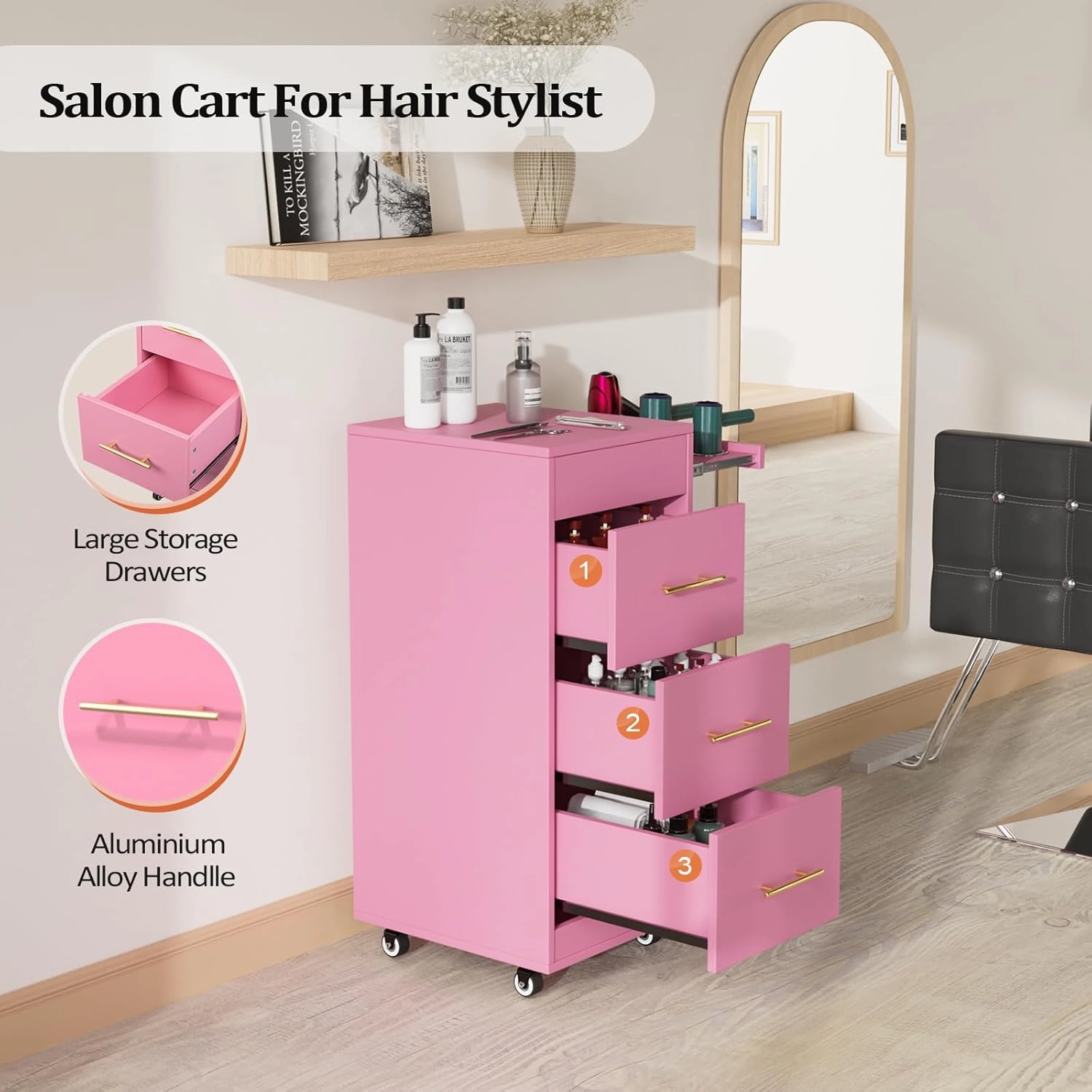 Salon Trolley Cart with Wheels, Wooden Hair Storage Cabinet, Stylist Cart Mobile Hairdressing Barber Station for Beauty Spa Barbershop, 3 Large Drawers, 3 Hot Tool Holders, Pink