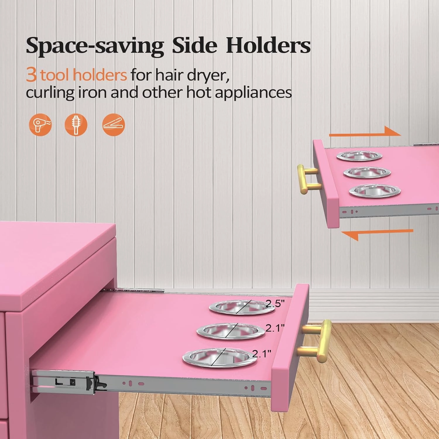 Salon Trolley Cart with Wheels, Wooden Hair Storage Cabinet, Stylist Cart Mobile Hairdressing Barber Station for Beauty Spa Barbershop, 3 Large Drawers, 3 Hot Tool Holders, Pink