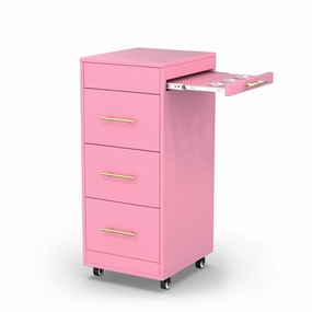 Salon Trolley Cart with Wheels, Wooden Hair Storage Cabinet, Stylist Cart Mobile Hairdressing Barber Station for Beauty Spa Barbershop, 3 Large Drawers, 3 Hot Tool Holders, Pink