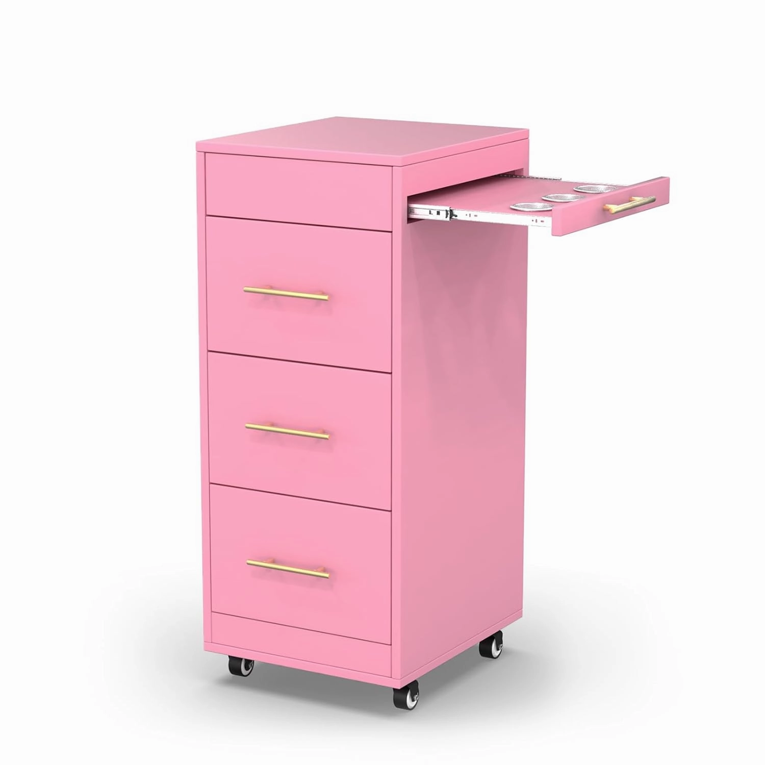 Salon Trolley Cart with Wheels, Wooden Hair Storage Cabinet, Stylist Cart Mobile Hairdressing Barber Station for Beauty Spa Barbershop, 3 Large Drawers, 3 Hot Tool Holders, Pink