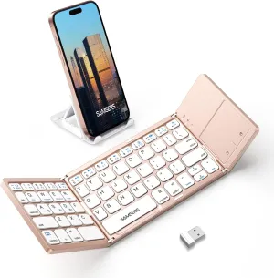 Samsers Multi-Device Foldable Bluetooth Keyboard with Touchpad, Rechargeable Dual-Mode(2.4G BTx2) Wireless Keyboard with Holder, Portable Folding Keyboards for Android Windows iOS Mac OS - Pink
