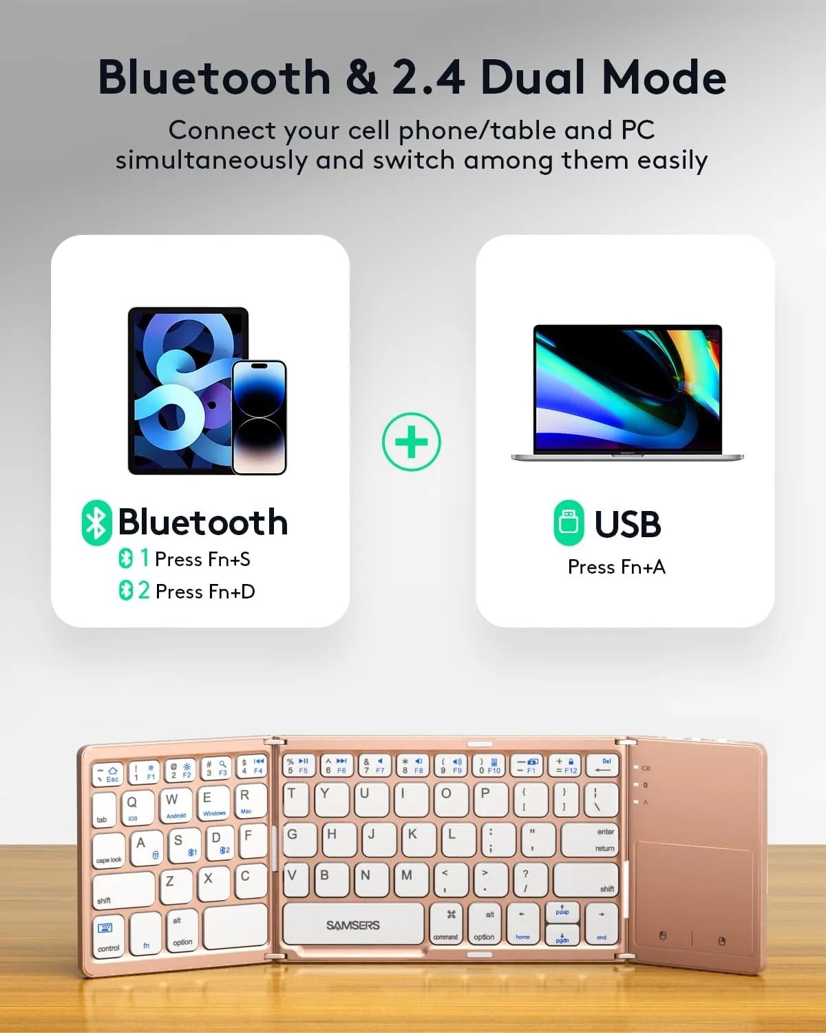 Samsers Multi-Device Foldable Bluetooth Keyboard with Touchpad, Rechargeable Dual-Mode(2.4G BTx2) Wireless Keyboard with Holder, Portable Folding Keyboards for Android Windows iOS Mac OS - Pink