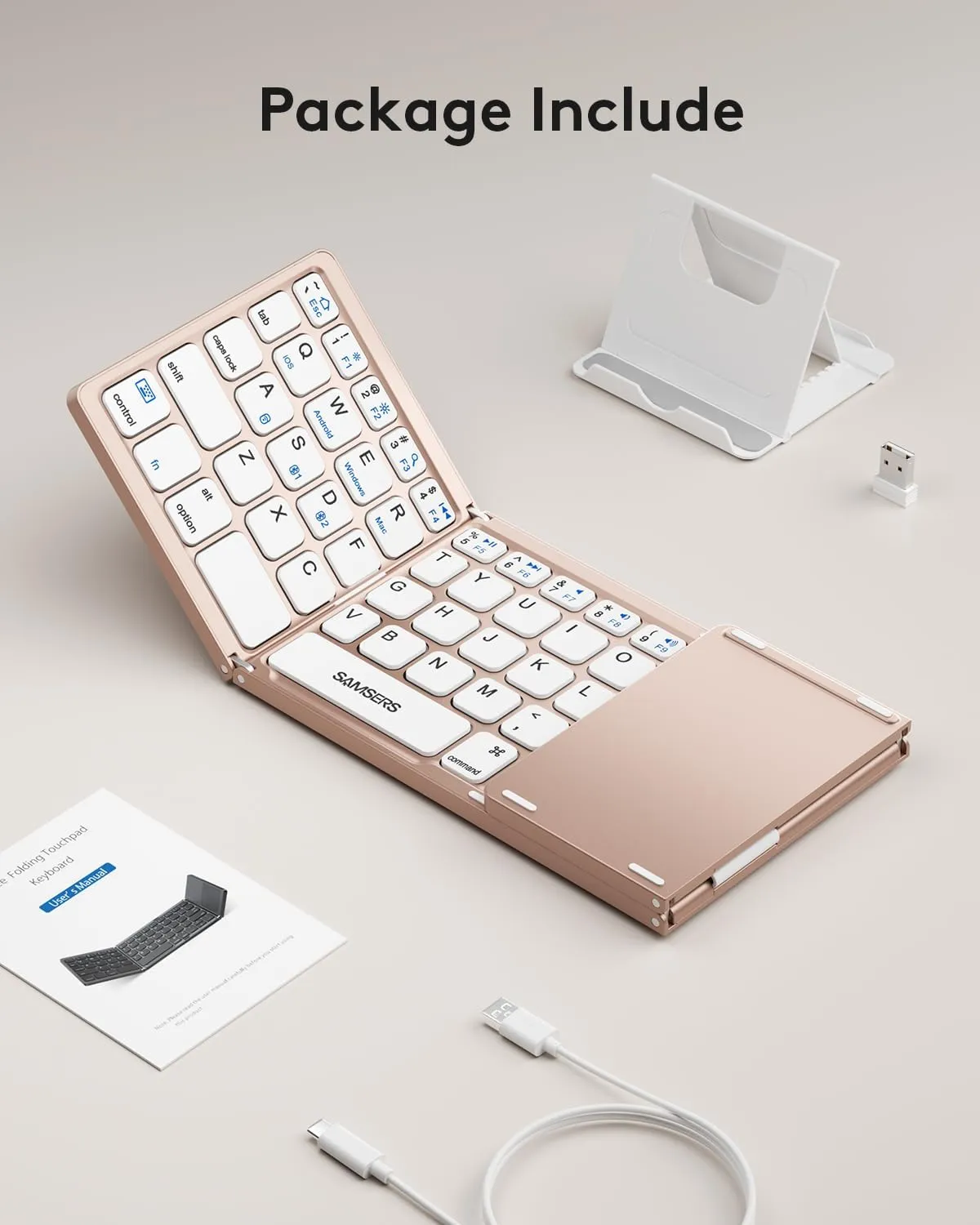 Samsers Multi-Device Foldable Bluetooth Keyboard with Touchpad, Rechargeable Dual-Mode(2.4G BTx2) Wireless Keyboard with Holder, Portable Folding Keyboards for Android Windows iOS Mac OS - Pink