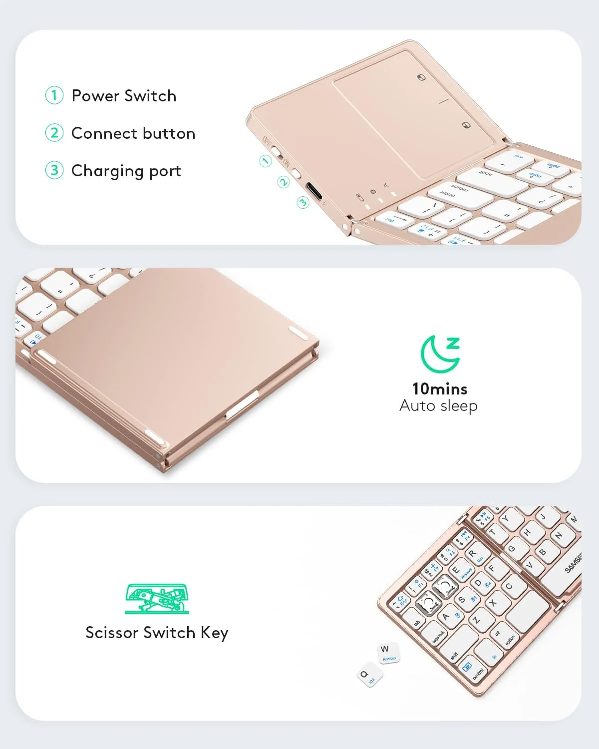Samsers Multi-Device Foldable Bluetooth Keyboard with Touchpad, Rechargeable Dual-Mode(2.4G BTx2) Wireless Keyboard with Holder, Portable Folding Keyboards for Android Windows iOS Mac OS - Pink