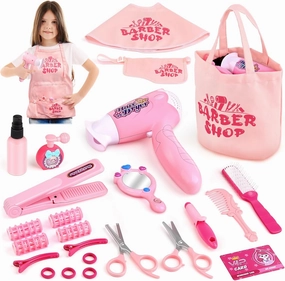 Sanlebi Hair Salon Toys for Girls, 25 Pc Pretend Play Styling Toy Set for Kids 3-6 with Hair Dryer, Barber Scissors and Stylist Accessories, Christmas & Birthday Gift for Girls