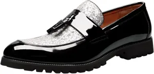 Santimon Men's Patent Leather Tassel Loafers Sparkling Glitter Slip-On Dress Shoes Chunky Sole for Formal & Casual Shoe