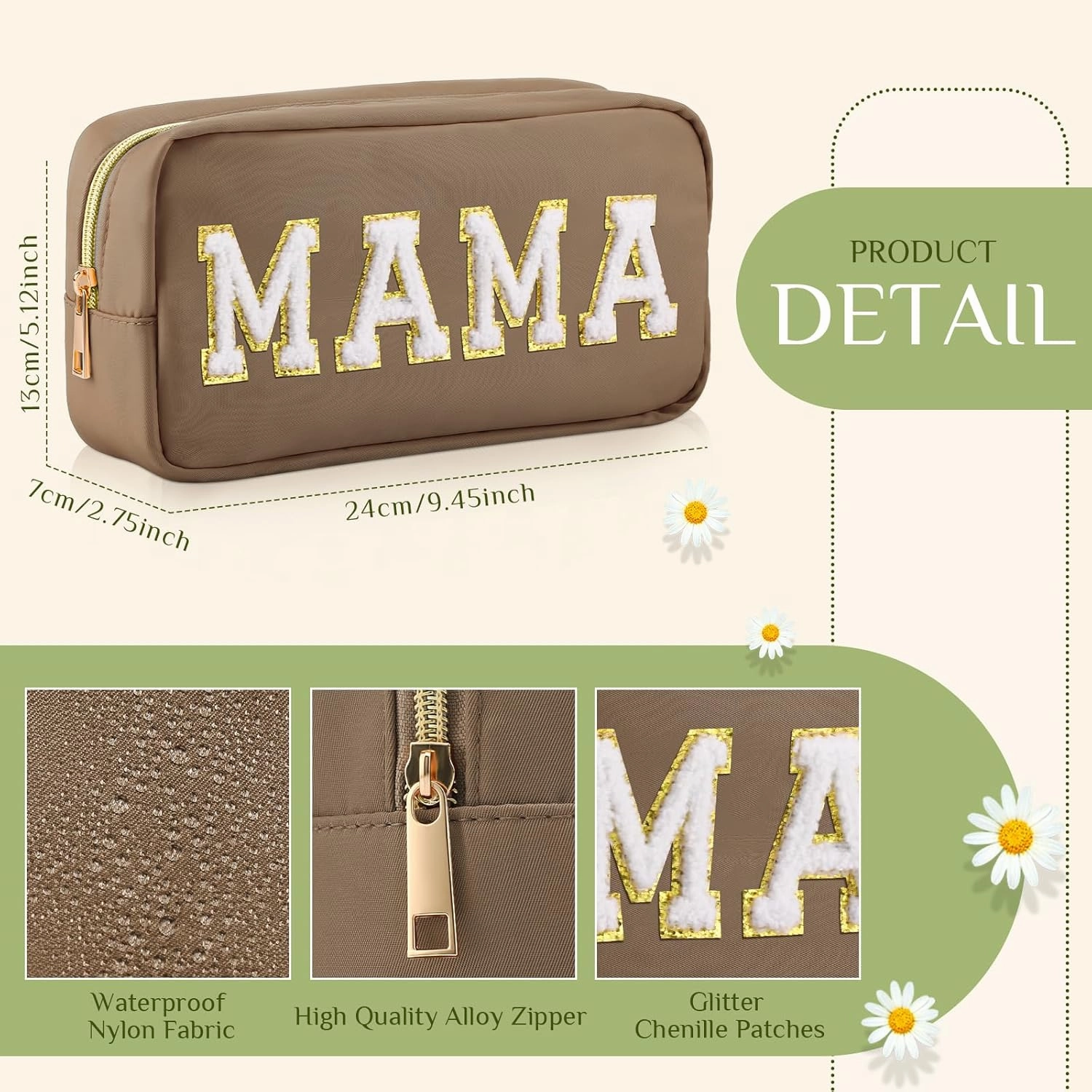 Sanwuta 2 Pieces Mama Gifts Makeup Bag Mom Birthday Gifts Nylon Cosmetic Bag Mothers Day Appreciation Toiletry Preppy Patch Chenille Letter Pouch for Women Her New Mom(Camel, White,Baby and Mama)