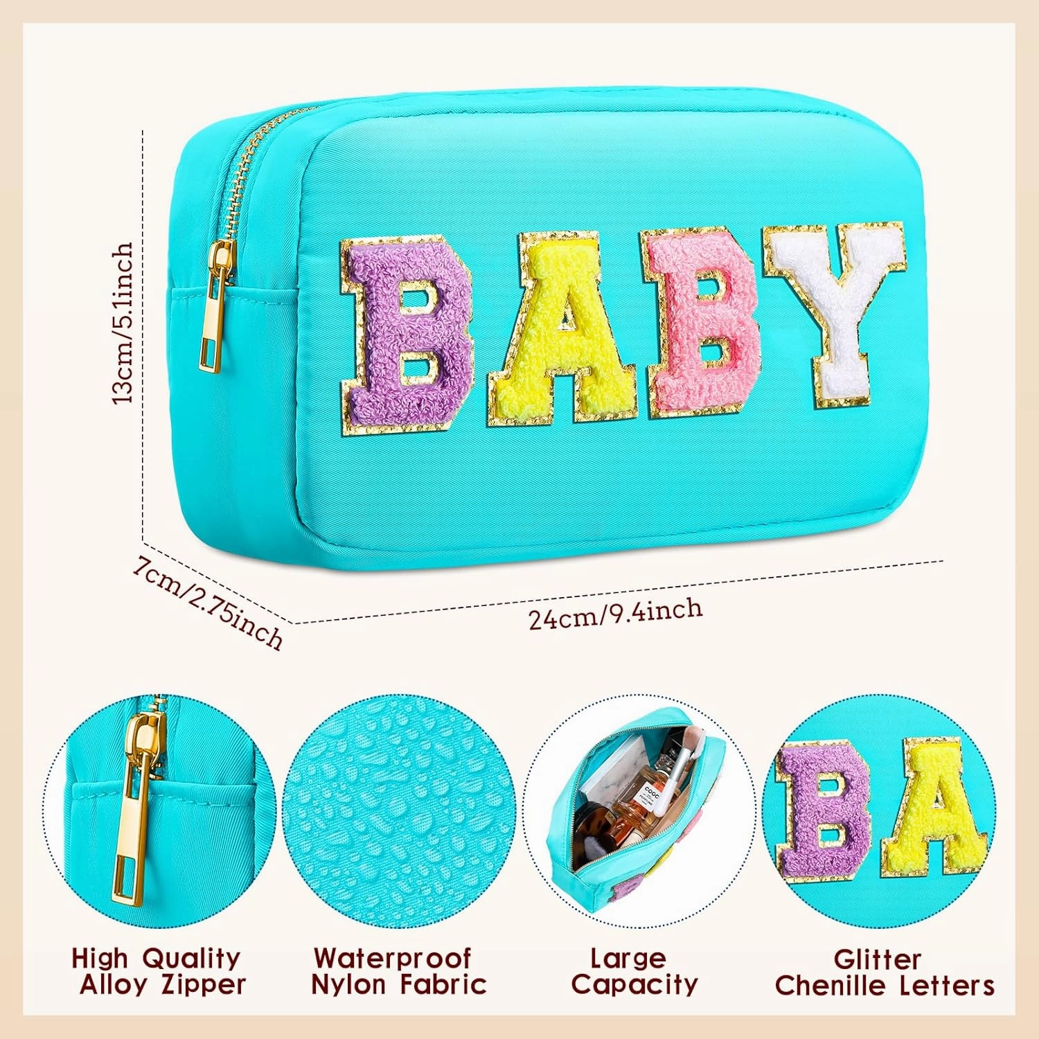 Sanwuta 2 Pieces Mama Gifts Makeup Bag Mom Birthday Gifts Nylon Cosmetic Bag Mothers Day Appreciation Toiletry Preppy Patch Chenille Letter Pouch for Women Her New Mom(Pink, Blue,Baby and Mama)