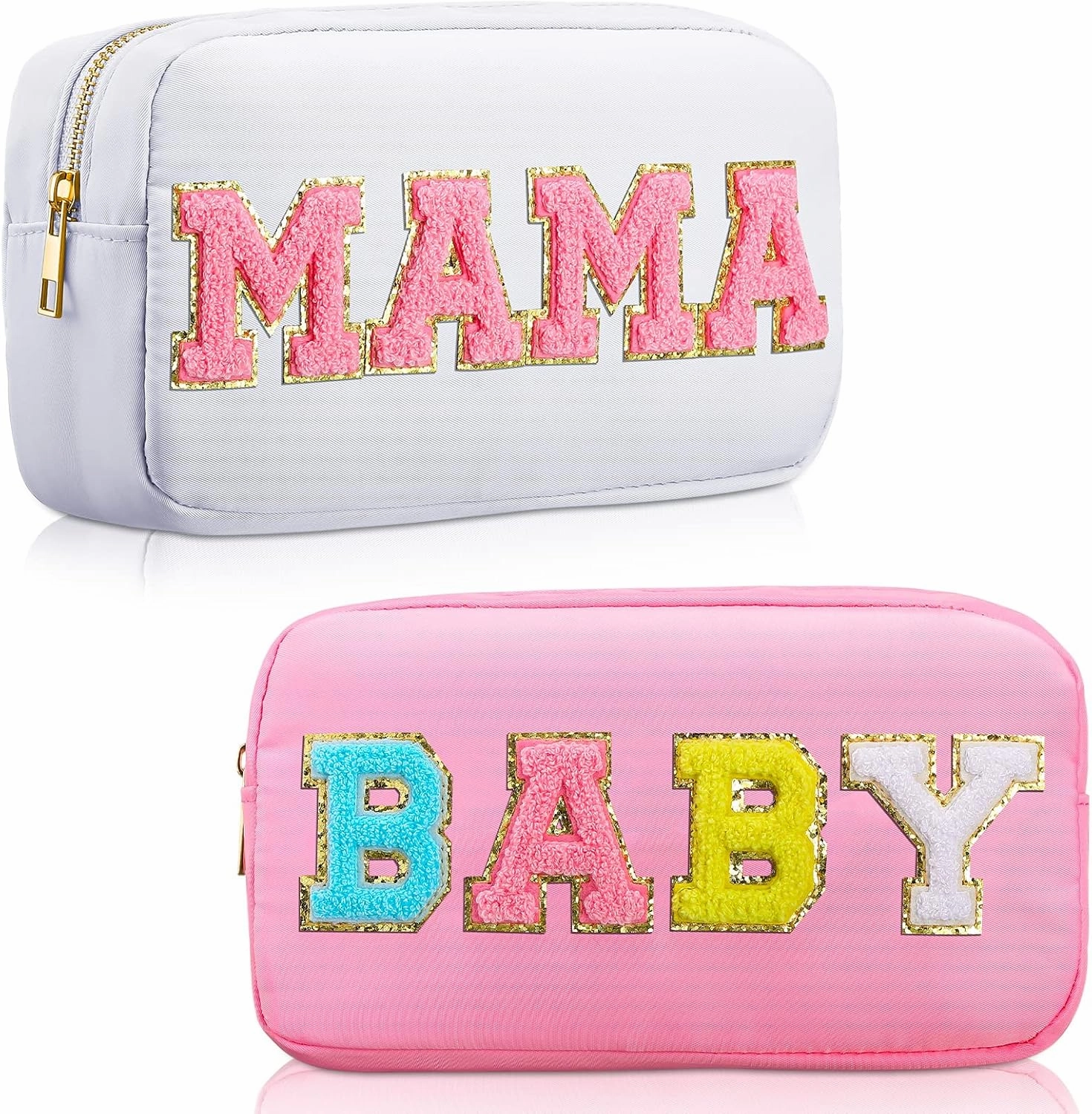 Sanwuta 2 Pieces Mama Gifts Makeup Bag Mom Birthday Gifts Nylon Cosmetic Bag Mothers Day Appreciation Toiletry Preppy Patch Chenille Letter Pouch for Women Her New Mom(White, Pink,Baby and Mama)