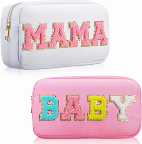 Sanwuta 2 Pieces Mama Gifts Makeup Bag Mom Birthday Gifts Nylon Cosmetic Bag Mothers Day Appreciation Toiletry Preppy Patch Chenille Letter Pouch for Women Her New Mom(White, Pink,Baby and Mama)