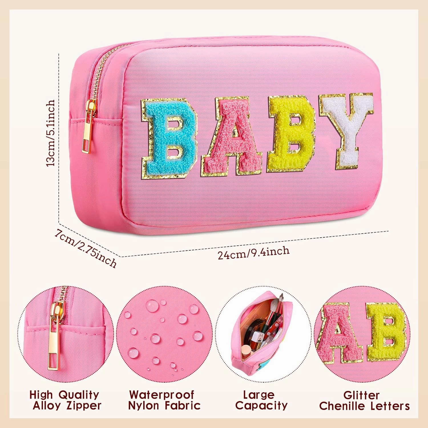 Sanwuta 2 Pieces Mama Gifts Makeup Bag Mom Birthday Gifts Nylon Cosmetic Bag Mothers Day Appreciation Toiletry Preppy Patch Chenille Letter Pouch for Women Her New Mom(White, Pink,Baby and Mama)