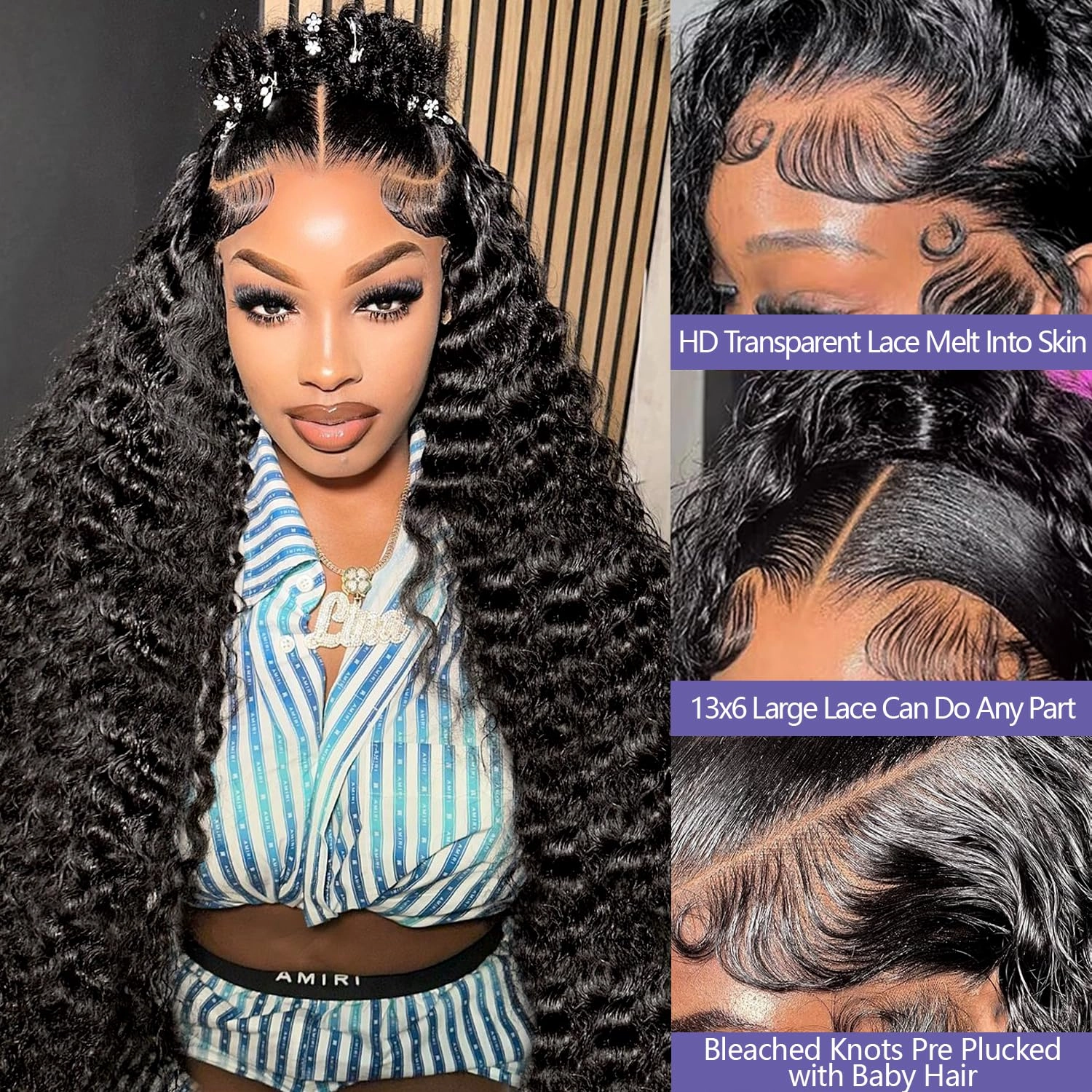 Sathen Full 13x6 Deep Wave Lace Front Wigs Human Hair 200 Density Deep Part Lace Frontal Wig Pre Plucked Transparent Full Lace Wig Pre Plucked with Baby Hair 32 Inch