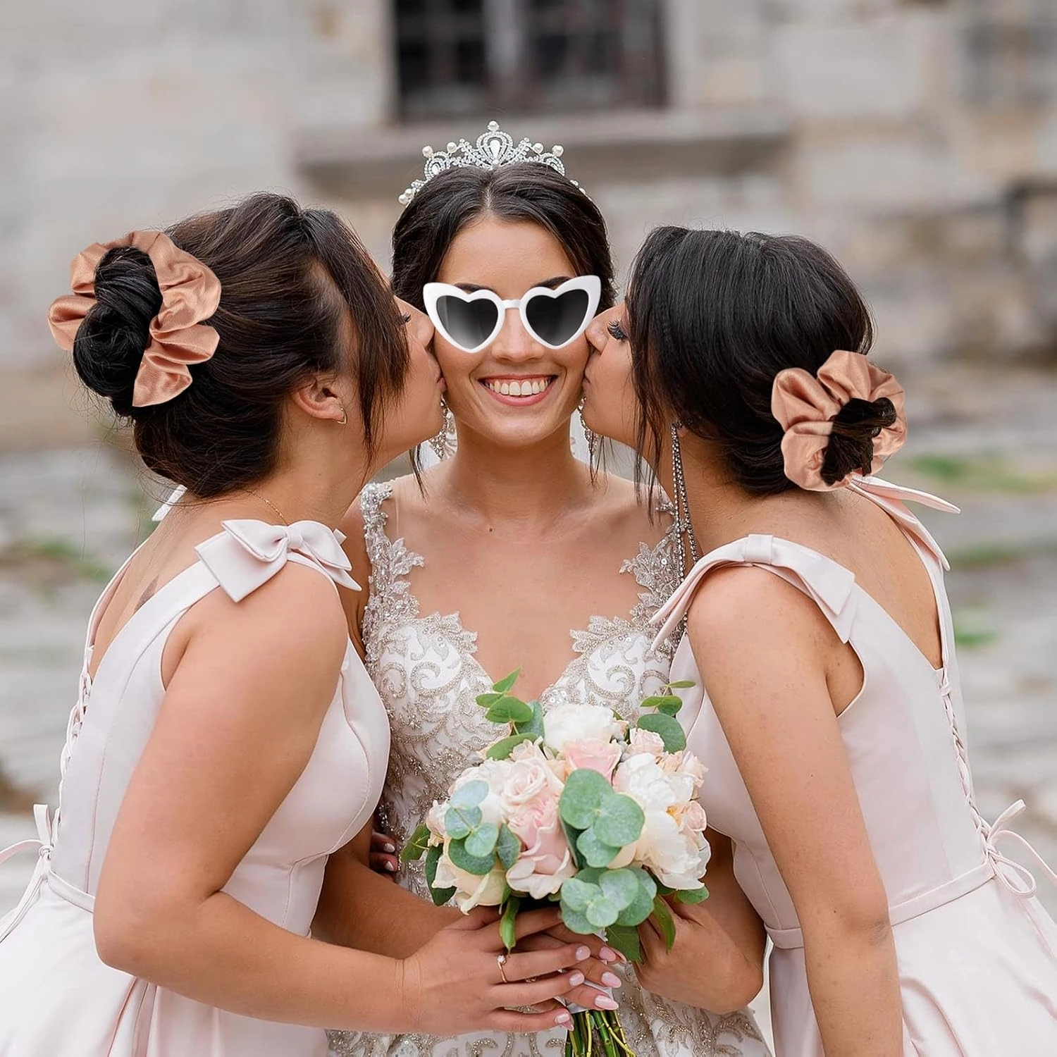 Satin Bridesmaid Scrunchies Bachelorette Hair Ties Set of 12 sunglasses Bridal Shower No Damage Hairties ideas Gift for Wedding Party Favors Bridesmaid Proposal Gifts (Pink)