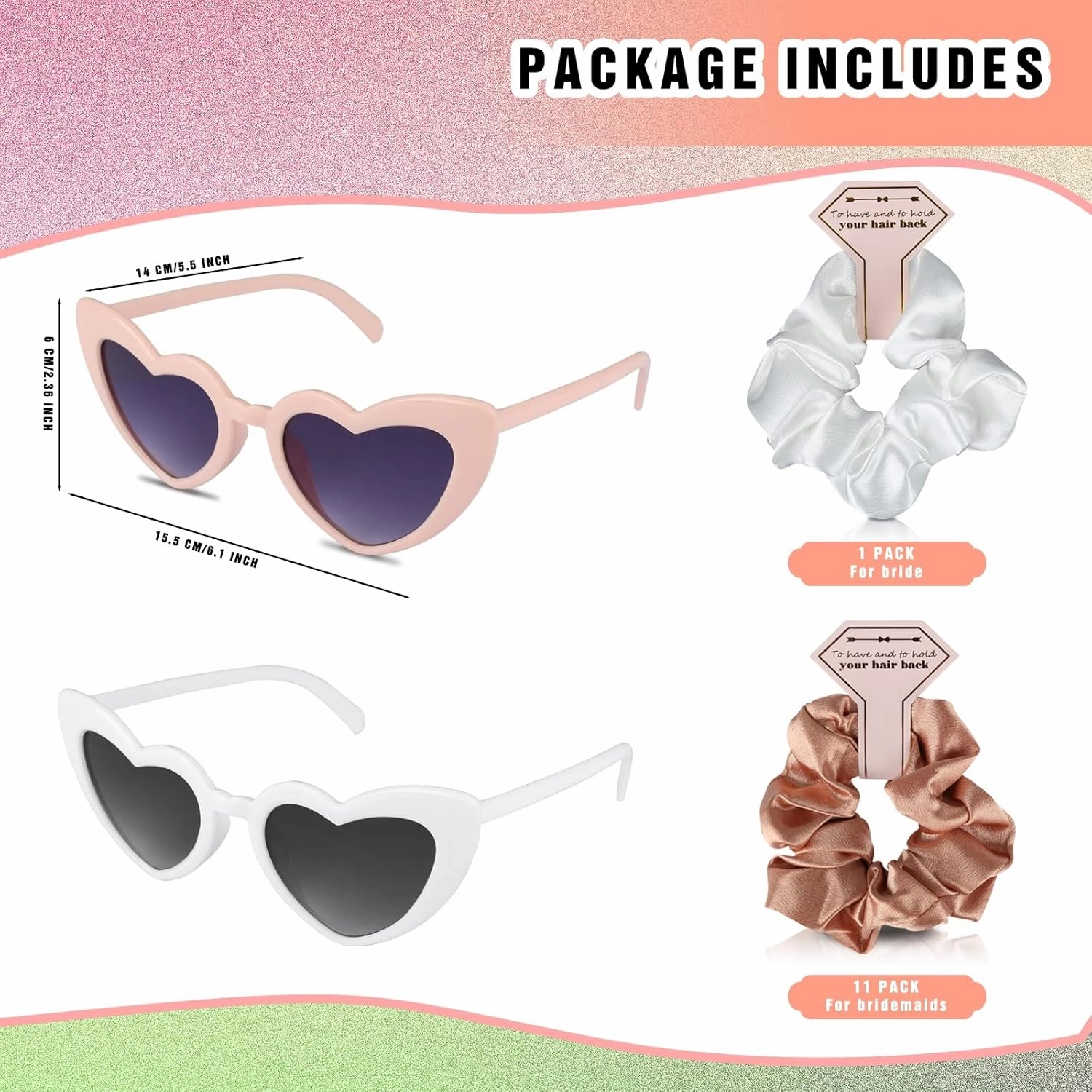 Satin Bridesmaid Scrunchies Bachelorette Hair Ties Set of 12 sunglasses Bridal Shower No Damage Hairties ideas Gift for Wedding Party Favors Bridesmaid Proposal Gifts (White&Pink)