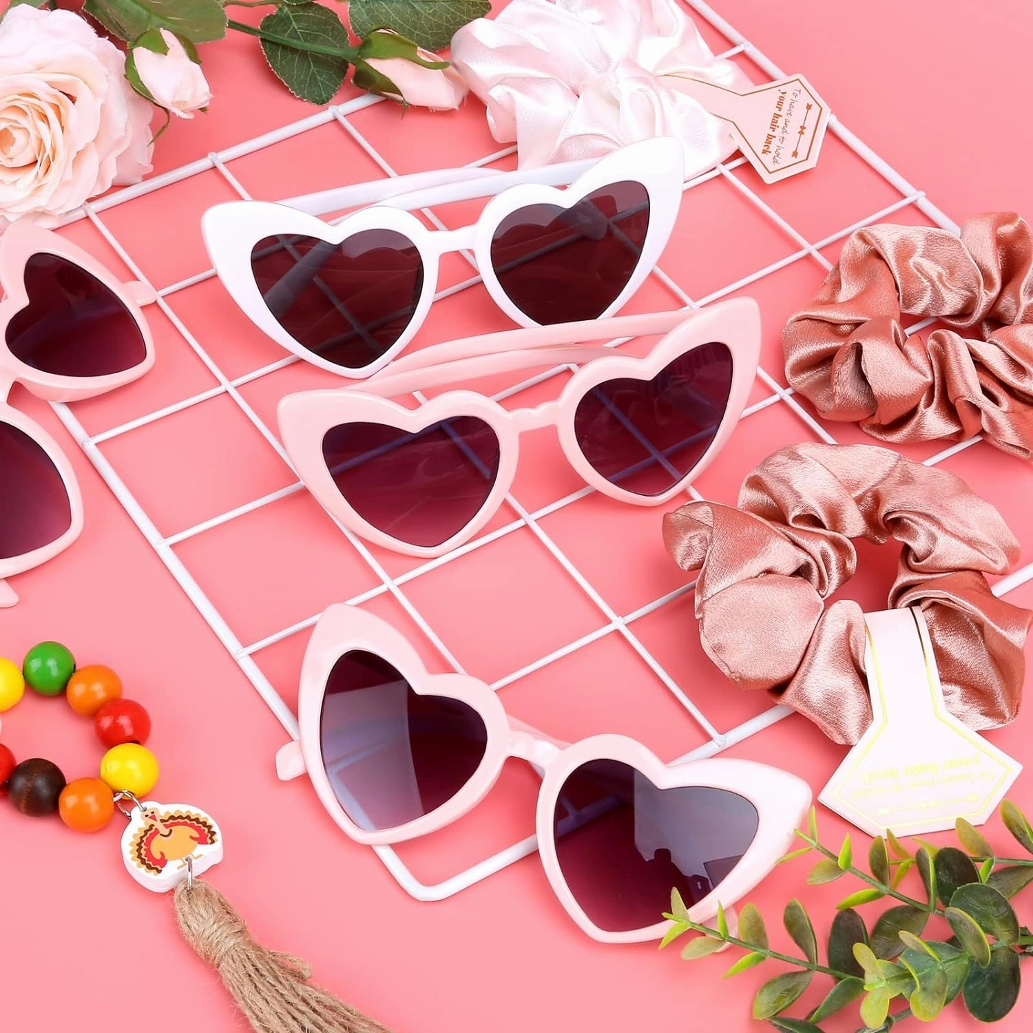 Satin Bridesmaid Scrunchies Bachelorette Hair Ties Set of 12 sunglasses Bridal Shower No Damage Hairties ideas Gift for Wedding Party Favors Bridesmaid Proposal Gifts (White&Pink)