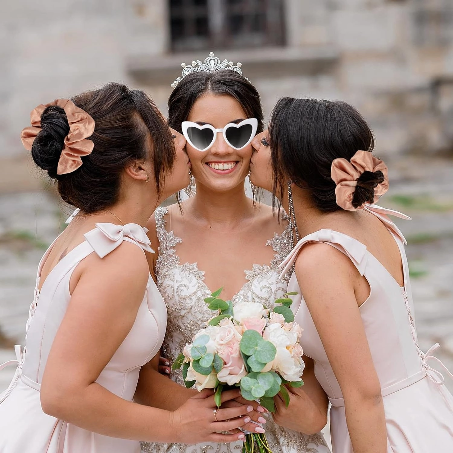 Satin Bridesmaid Scrunchies Bachelorette Hair Ties Set of 12 sunglasses Bridal Shower No Damage Hairties ideas Gift for Wedding Party Favors Bridesmaid Proposal Gifts (White&Pink)