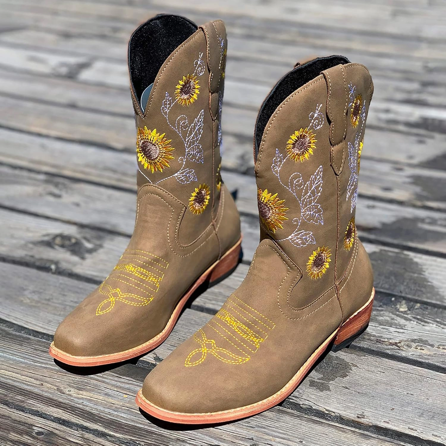 SBGMoSJ Cowboy Boots Women Size 9 with Sunflowers Western Booties Women Ankle Boots Wide Knee Boots for Women Wide Calf with Heel Womens Black Cowgirl Boots Wide Calf Womens Suede Boots Mid Calf Wide