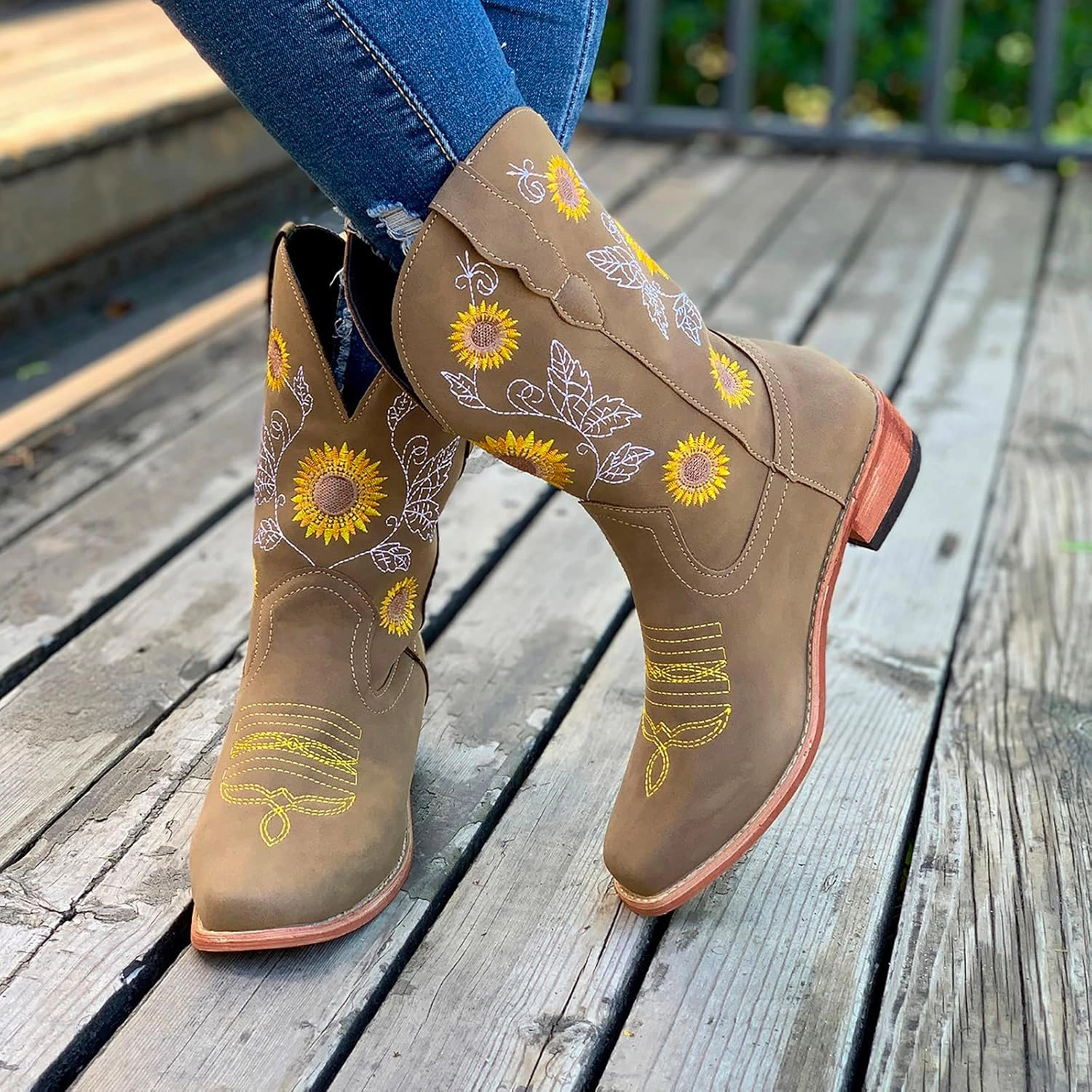 SBGMoSJ Cowboy Boots Women Size 9 with Sunflowers Western Booties Women Ankle Boots Wide Knee Boots for Women Wide Calf with Heel Womens Black Cowgirl Boots Wide Calf Womens Suede Boots Mid Calf Wide